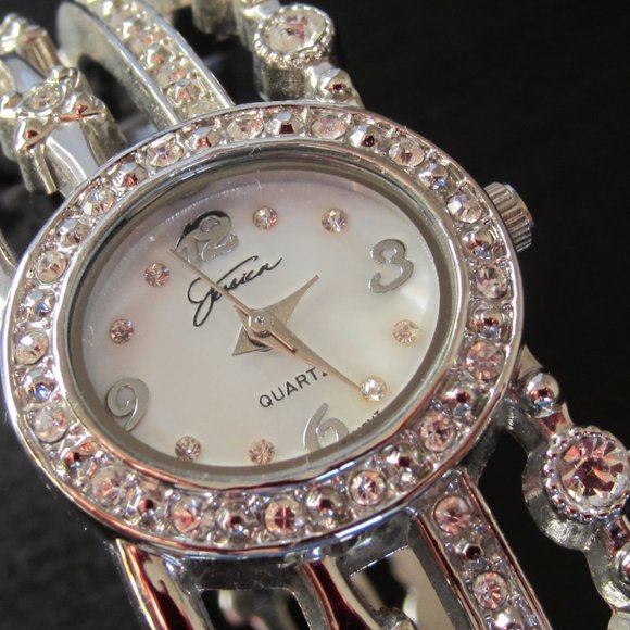 Fancy Bangle Watch Hinged Bracelet with MOP dial and Rhinestones - Picture 2 of 11